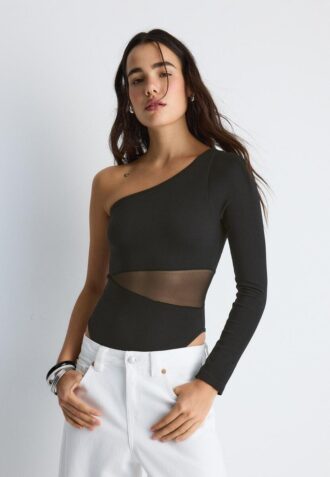 Asymmetric Bodysuit with Sheer Details