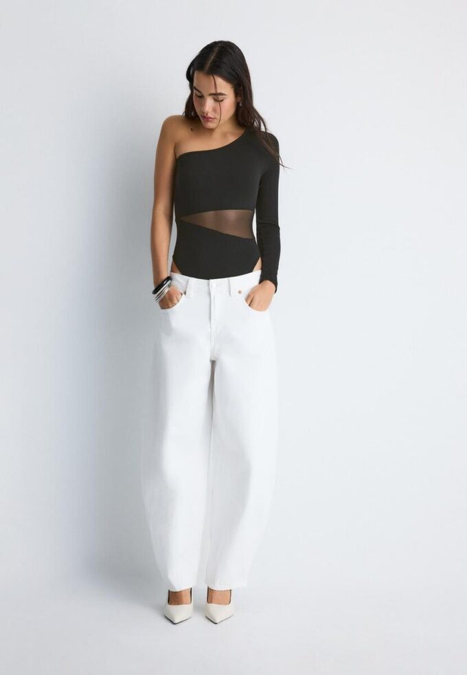 Asymmetric Bodysuit with Sheer Details Asymmetric Bodysuit with Sheer Details