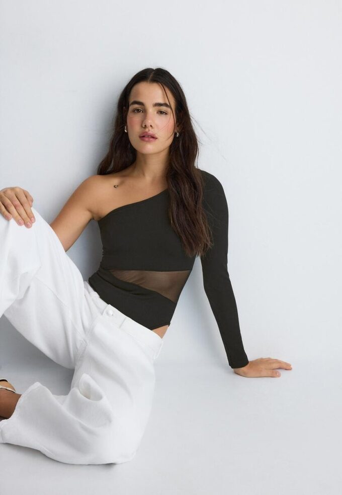 Asymmetric Bodysuit with Sheer Details Asymmetric Bodysuit with Sheer Details
