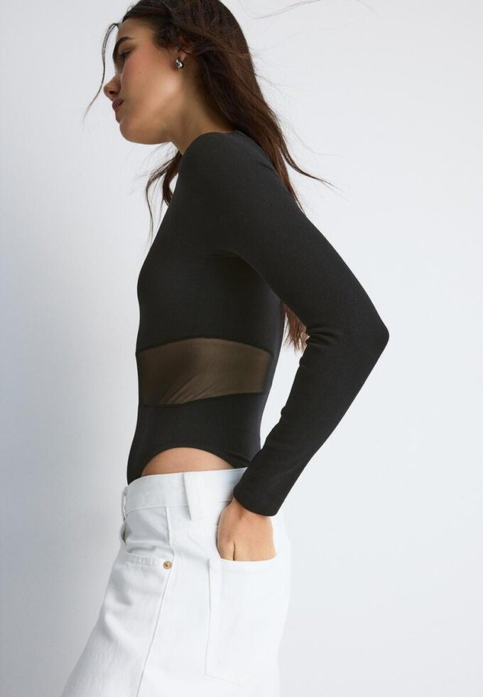 Asymmetric Bodysuit with Sheer Details Asymmetric Bodysuit with Sheer Details