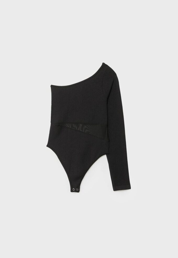Asymmetric Bodysuit with Sheer Details Asymmetric Bodysuit with Sheer Details