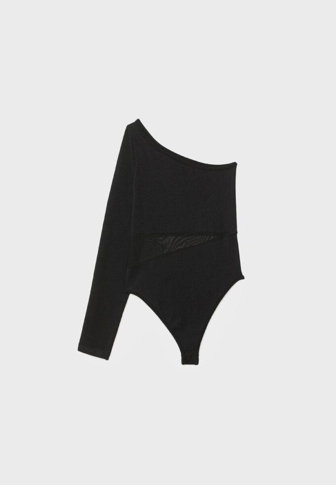 Asymmetric Bodysuit with Sheer Details Asymmetric Bodysuit with Sheer Details