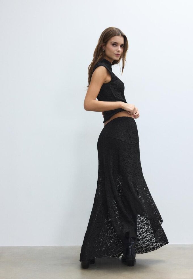 Asymmetric Lace Midi Skirt