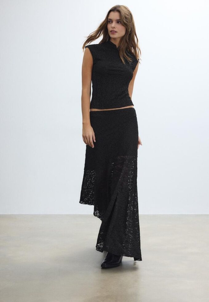 Asymmetric Lace Midi Skirt