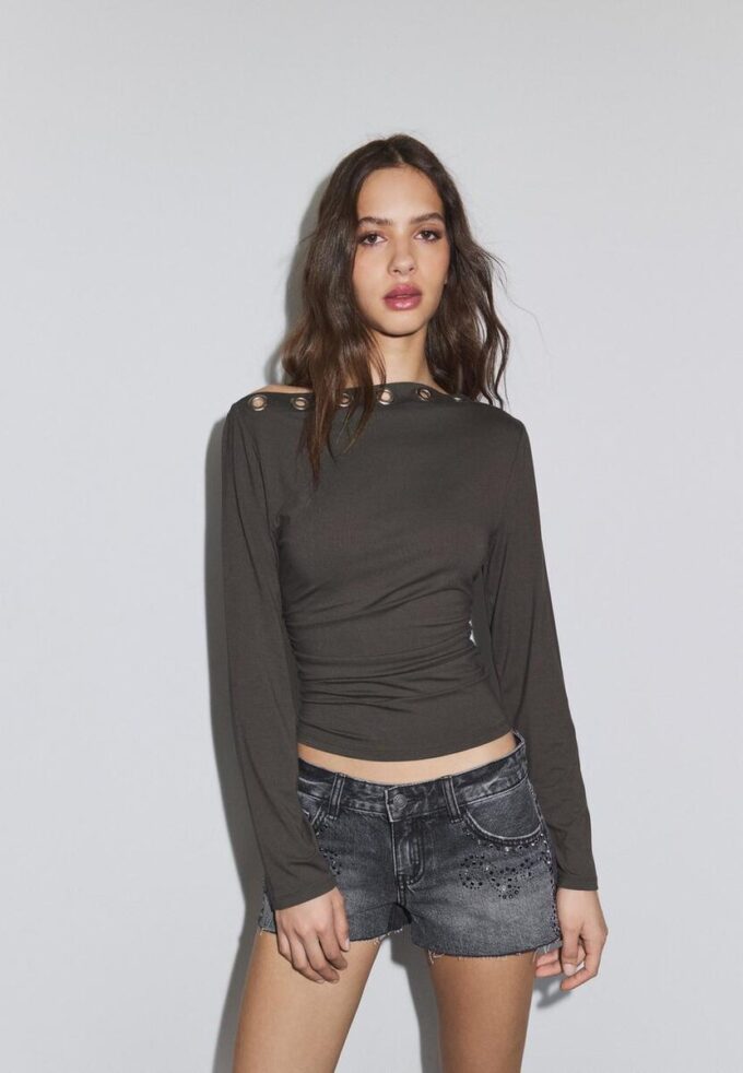 Asymmetric T-Shirt with Eyelets Asymmetric T-Shirt with Eyelets