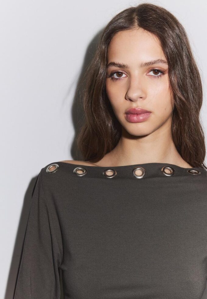 Asymmetric T-Shirt with Eyelets Asymmetric T-Shirt with Eyelets