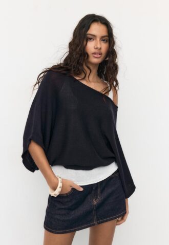 Boat Neck Knit Jumper with Overlay