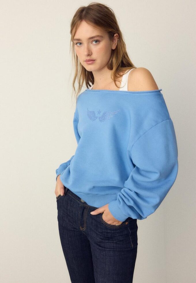 Boat Neck Sweatshirt with Rhinestone Wings Boat Neck Sweatshirt with Rhinestone Wings