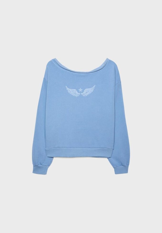 Boat Neck Sweatshirt with Rhinestone Wings Boat Neck Sweatshirt with Rhinestone Wings