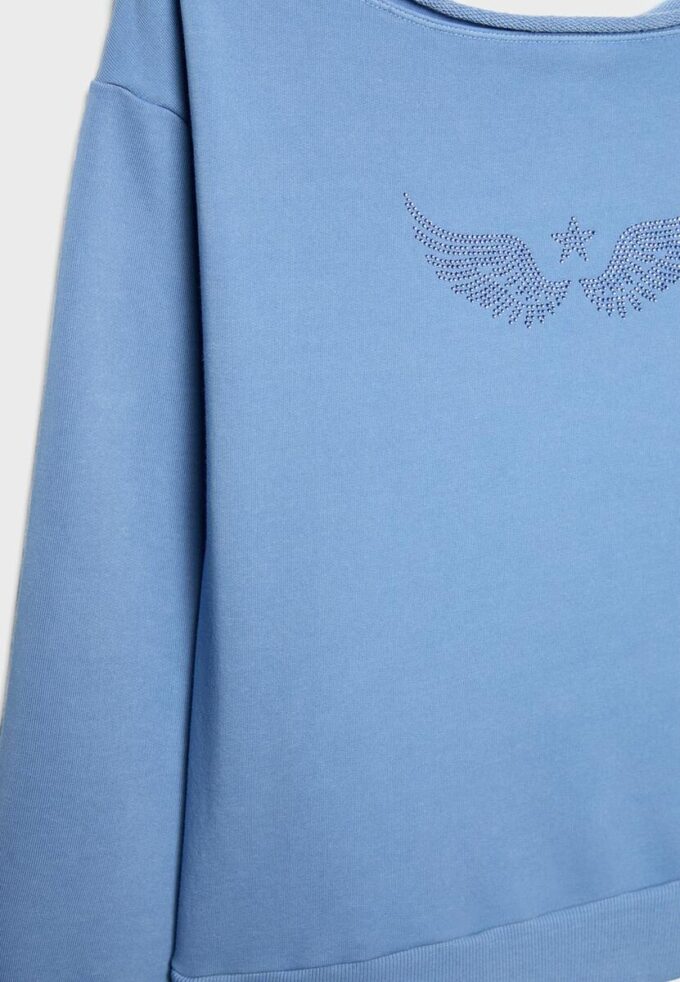 Boat Neck Sweatshirt with Rhinestone Wings Boat Neck Sweatshirt with Rhinestone Wings