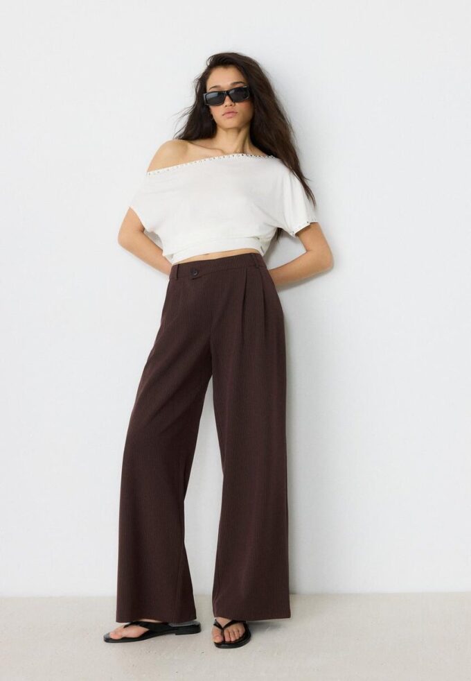 Casual Striped Smart Trousers with Crossover Waist