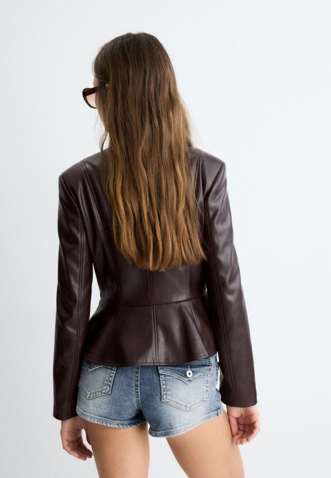 Collarless Leather Effect Peplum Blazer Collarless Leather Effect Peplum Blazer