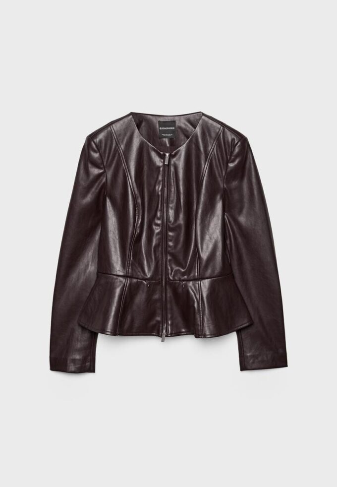 Collarless Leather Effect Peplum Blazer Collarless Leather Effect Peplum Blazer