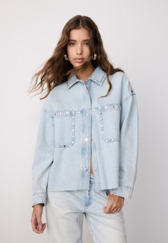 Cropped Denim Overshirt with Studs