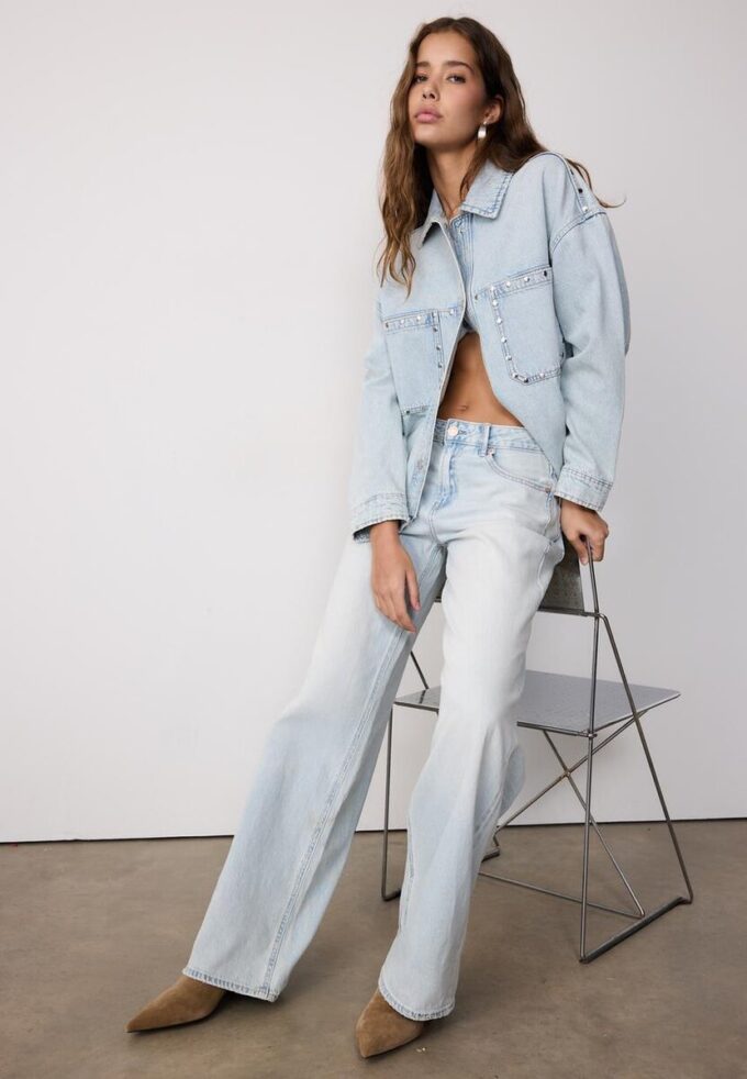 Cropped Denim Overshirt with Studs