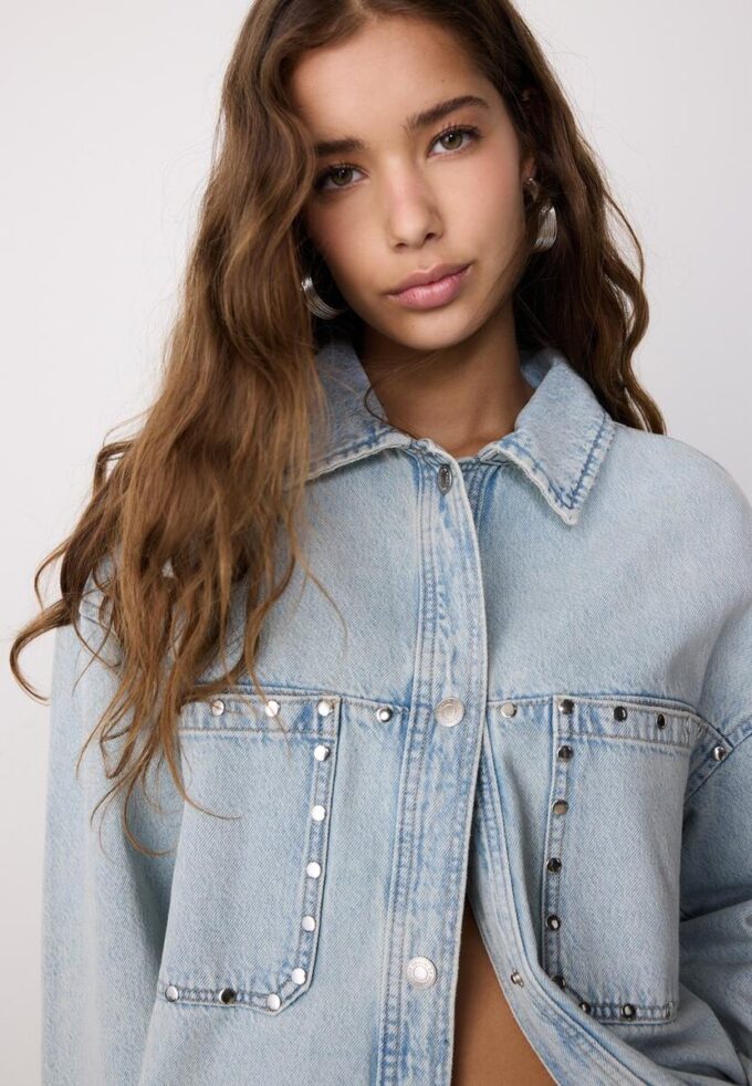 Cropped Denim Overshirt with Studs