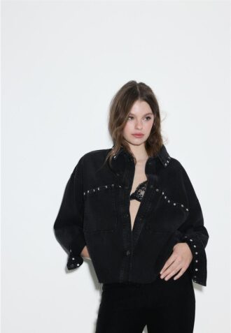 Cropped Studded Denim Overshirt