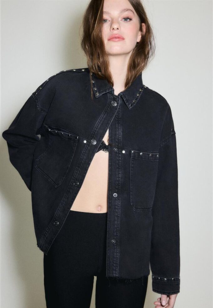 Cropped Studded Denim Overshirt