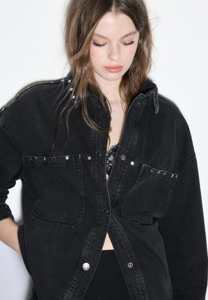 Cropped Studded Denim Overshirt