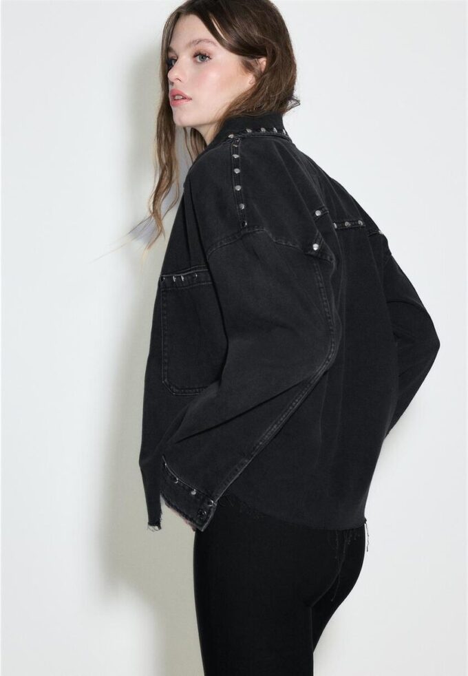 Cropped Studded Denim Overshirt