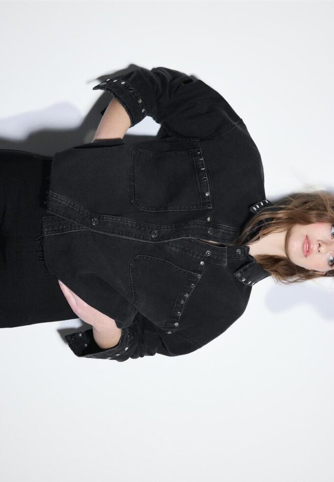 Cropped Studded Denim Overshirt
