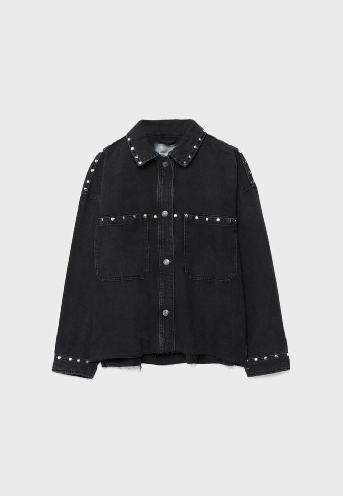Cropped Studded Denim Overshirt