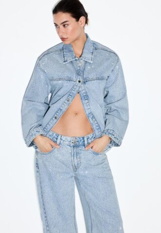 Denim Jacket with Patch Pockets and Rhinestones