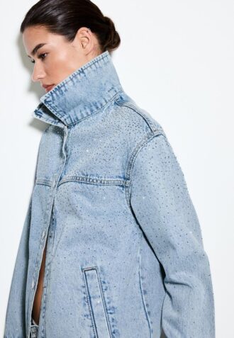 Denim Jacket with Patch Pockets and Rhinestones