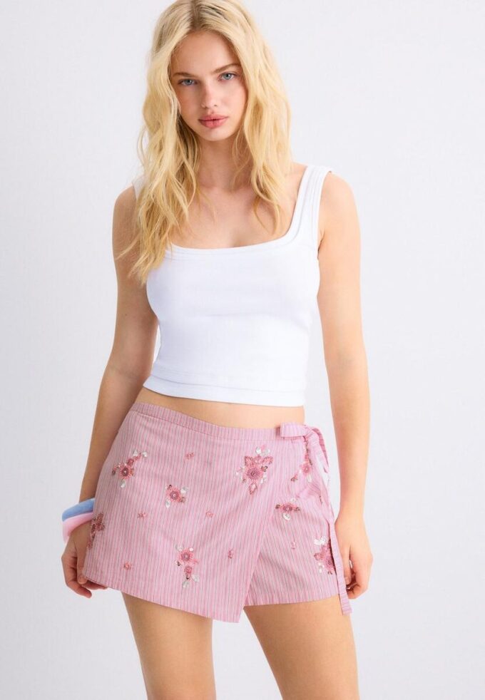 Embroidered Striped Sarong Mini Skort Embroidered Striped Sarong Mini Skort