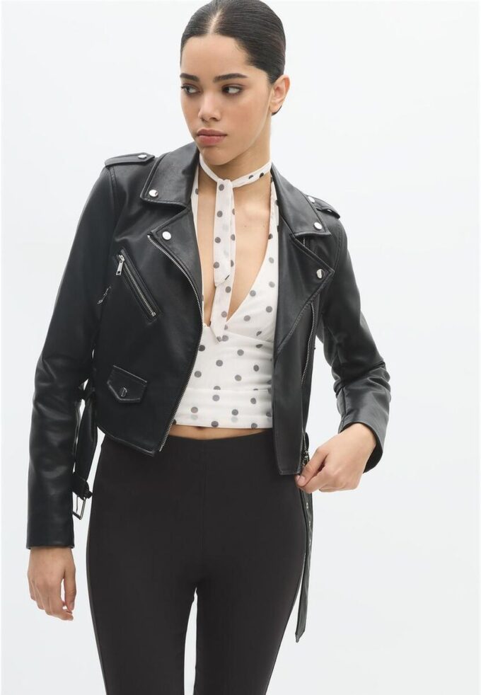 Faux Leather Biker Jacket with Belt Faux Leather Biker Jacket with Belt