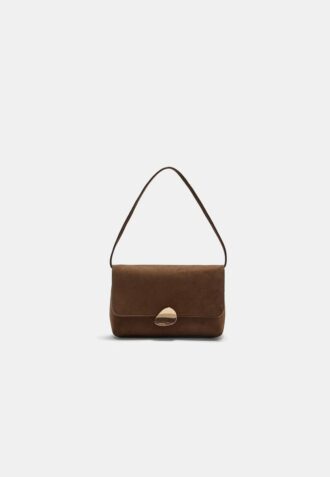 Faux Suede Bag with Asymmetric Metal Clasp