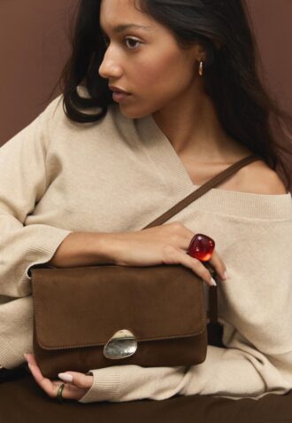 Faux Suede Bag with Asymmetric Metal Clasp