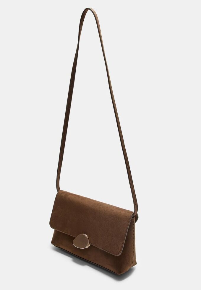 Faux Suede Bag with Asymmetric Metal Clasp