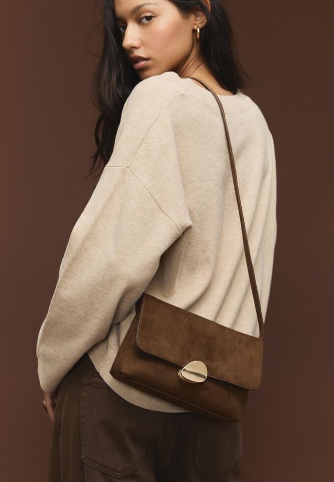 Faux Suede Bag with Asymmetric Metal Clasp