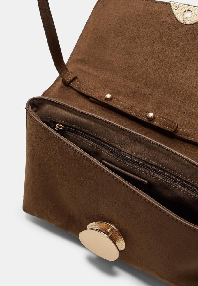 Faux Suede Bag with Asymmetric Metal Clasp