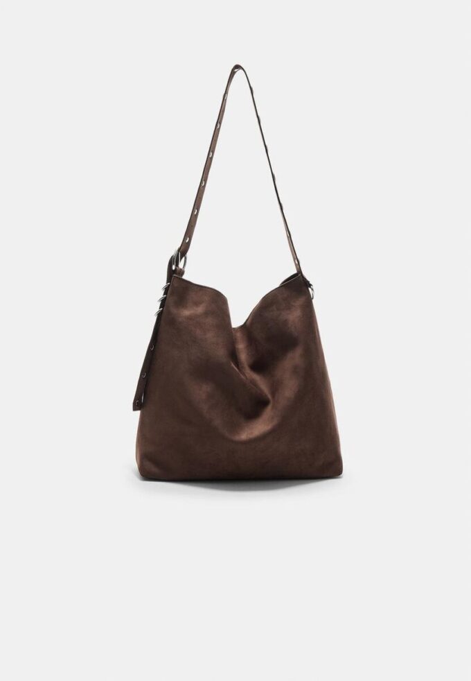 Faux Suede Bucket Bag with Strap Detail