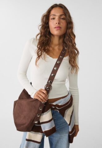 Faux Suede Bucket Bag with Strap Detail