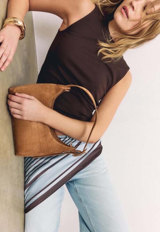 Faux Suede Shoulder Bag with Buckle Detail
