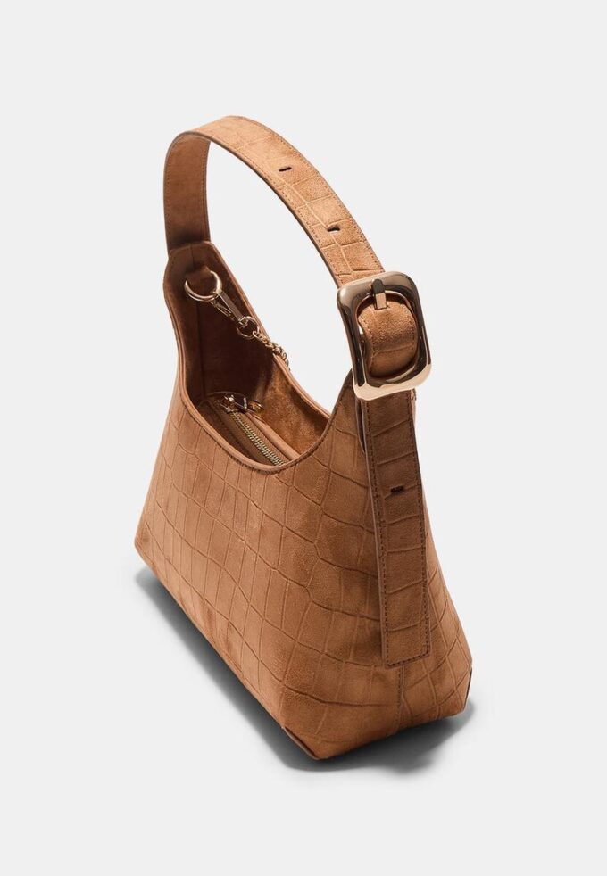 Faux Suede Shoulder Bag with Buckle Detail