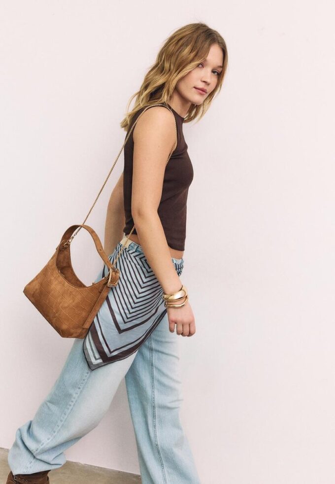 Faux Suede Shoulder Bag with Buckle Detail