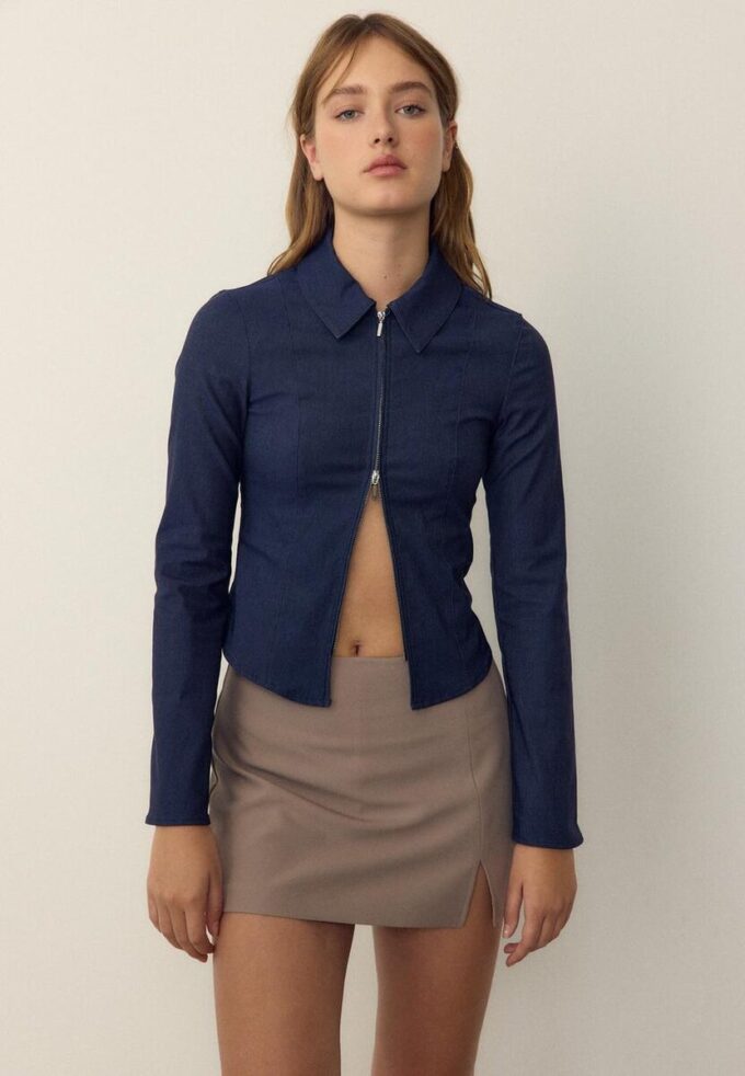 Fitted Double Zip Bengaline Denim Shirt
