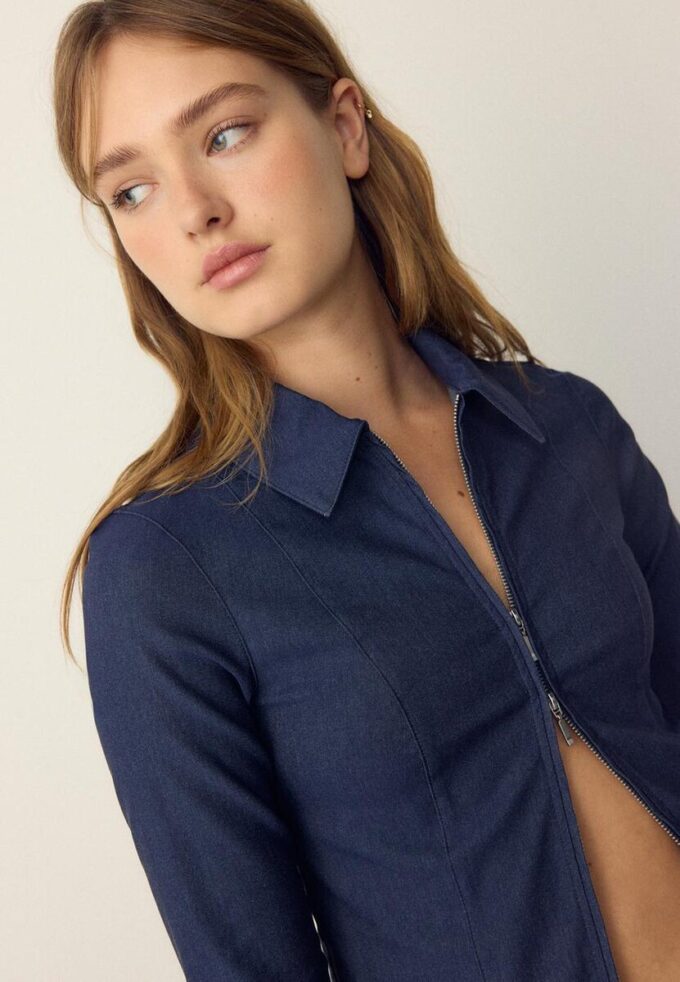 Fitted Double Zip Bengaline Denim Shirt