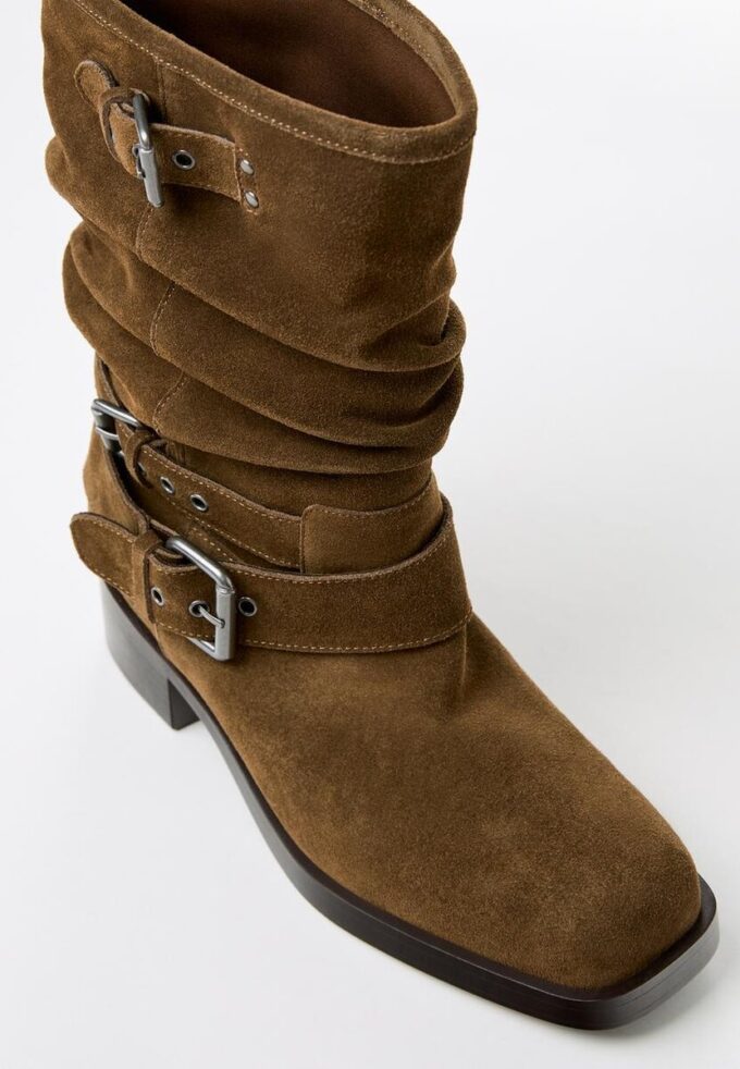 Flat Leather Buckle Ankle Boots