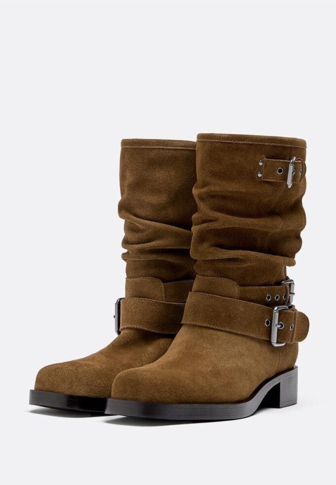 Flat Leather Buckle Ankle Boots