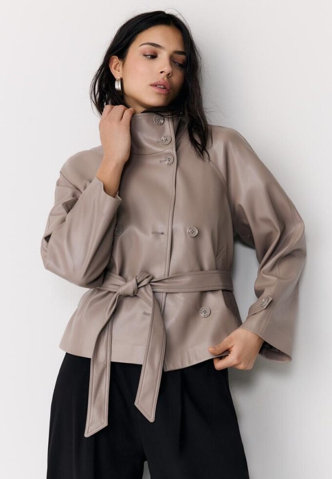 High Neck Leather Effect Trench Coat High Neck Leather Effect Trench Coat