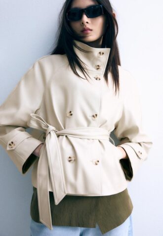High Neck Leather Effect Trench Coat