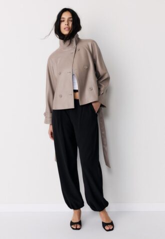 High Neck Leather Effect Trench Coat
