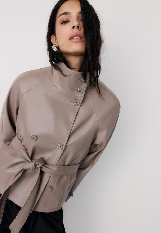 High Neck Leather Effect Trench Coat High Neck Leather Effect Trench Coat