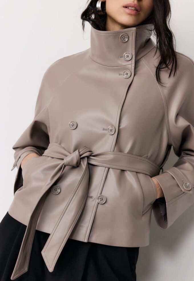 High Neck Leather Effect Trench Coat High Neck Leather Effect Trench Coat