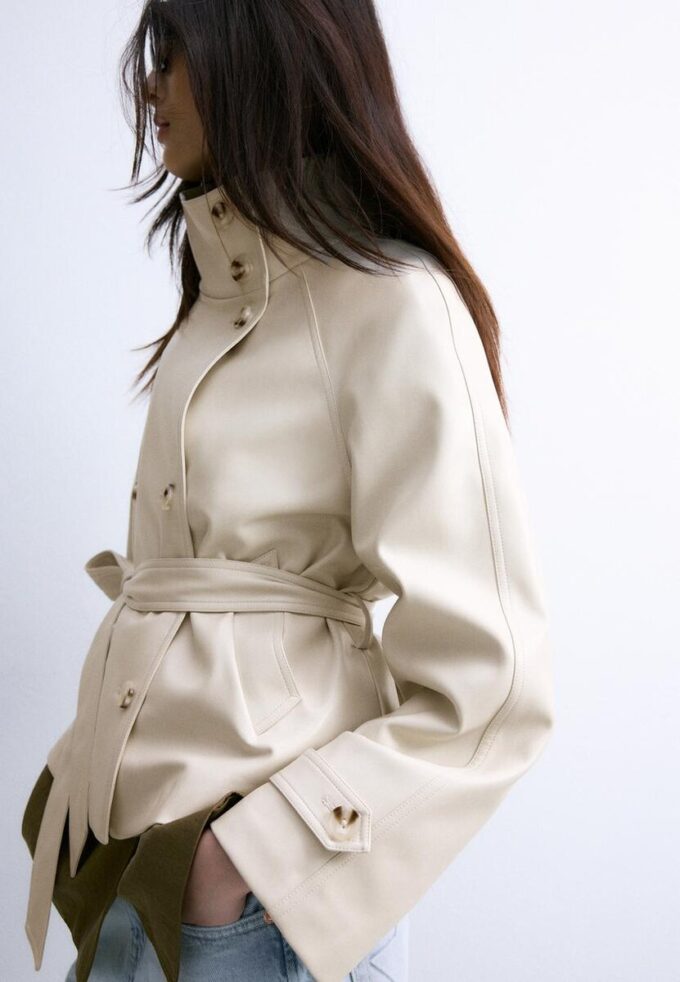 High Neck Leather Effect Trench Coat High Neck Leather Effect Trench Coat